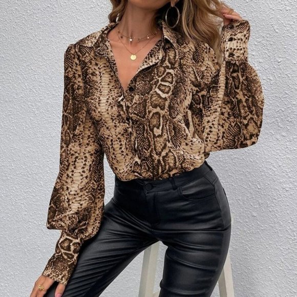 . Tops - Snake Print Bishop Sleeve Blouse